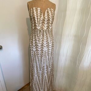 TFNC London Elegant Gold and White Strapless Evening Gown/ costume